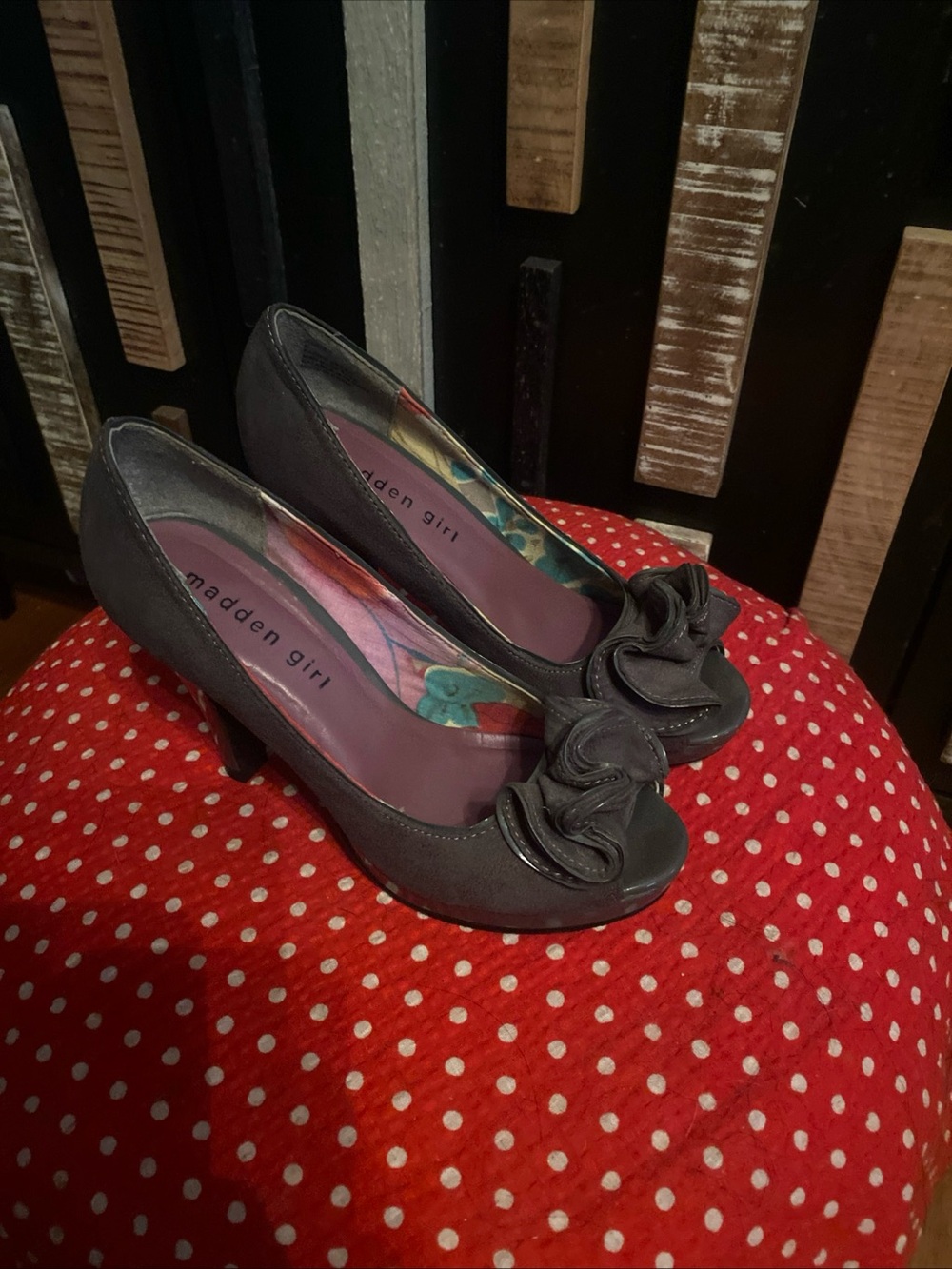 Madden Girl Gray Peep-Toe Heels with Rosette Detail